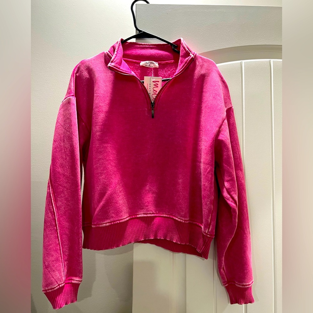 Zenana quarter zip semi cropped pink acid washed sweatshirt size medium